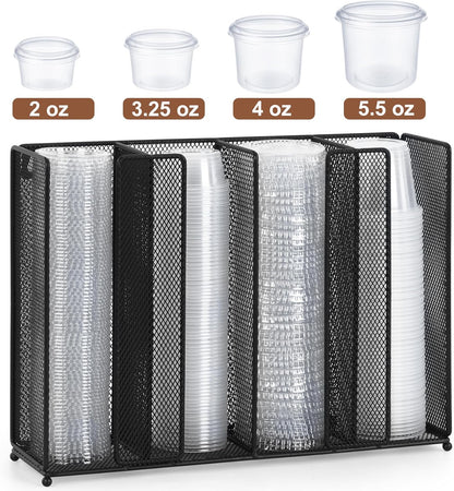 Sauce Cup Lid Organizer Wall Mount or Countertop, Disposable Plastic Portion Cup Holder Dispenser for Kitchen Restaurant Buffet, Fit 2 oz to 5.5 oz Jello Shot Cups & Condiment Cups, Black