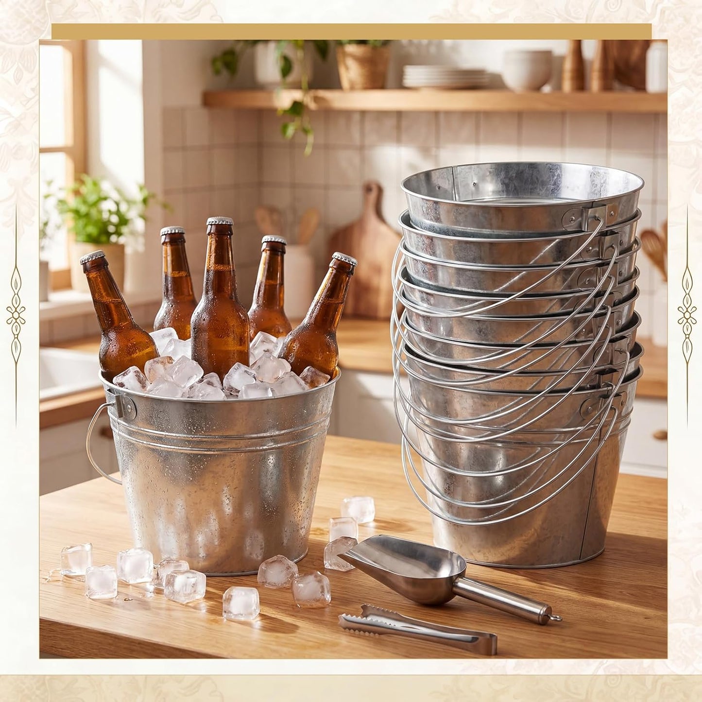 Zopeal 12 Pcs Galvanized Beer Bucket Set, Includes 8 Metal Ice Buckets 5qt with 2 Scoops & 2 Tongs, Round Slive Pails Bulk for Weddings Birthday Beach Pool Party Supplies Summer Table Centerpieces