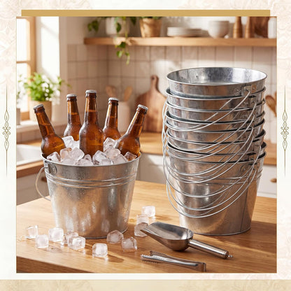 Zopeal 12 Pcs Galvanized Beer Bucket Set, Includes 8 Metal Ice Buckets 5qt with 2 Scoops & 2 Tongs, Round Slive Pails Bulk for Weddings Birthday Beach Pool Party Supplies Summer Table Centerpieces