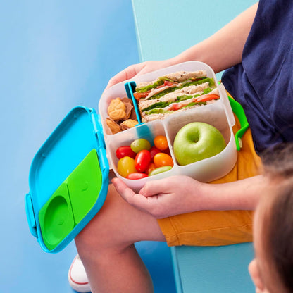 b.box Mini Lunch Box 2-Pack, Leak Proof Bento Box for Kids, 3 Compartment Snack Containers Ages 3+, Lunchbox for Daycare + School, Dishwasher Safe, BPA-Free, PFAS-Free, 4.25 Cup - Blue + Green