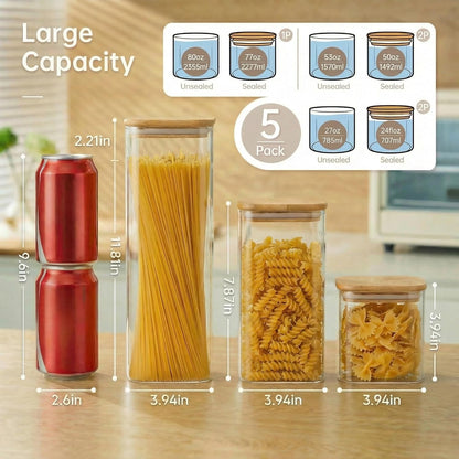 Extra Large Square Glass Flour & Sugar Storage Containers with Airtight Lids, 168oz 2 Pack Glass Jars with Bamboo Lids, Air tight Pantry Food Storage Containers for Cereal, Pasta, Rice Organizers
