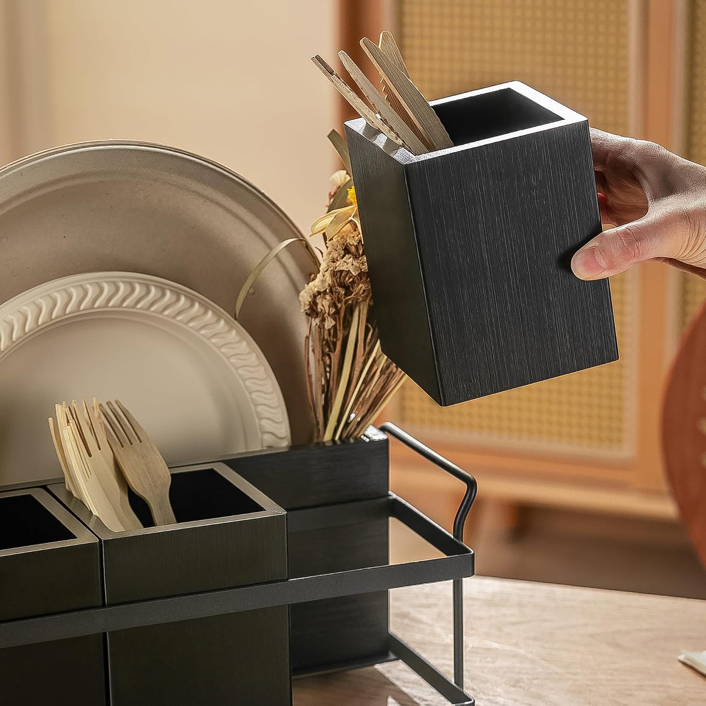 PTSTING Silverware Caddy Wood Utensil Holder Paper Plate Dispenser Silverware Utensil Caddy Cutlery Flatware Organizer Box for Spoons Forks Plates Napkins