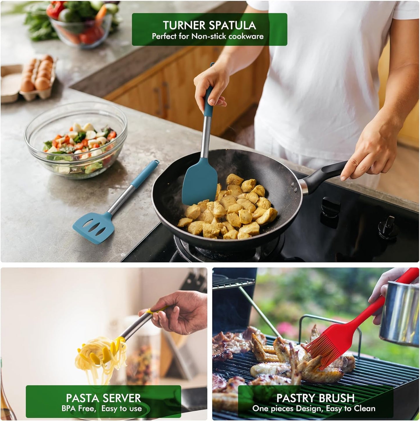 HOTEC 446°F Heat Resistant Silicone Kitchen Utensils, Cooking Utensil Set, Spatula Set, BPA Free, Kitchen Gadgets, With Stainless Steel Utensils Holder, Dishwasher Safe 14pcs Khaki