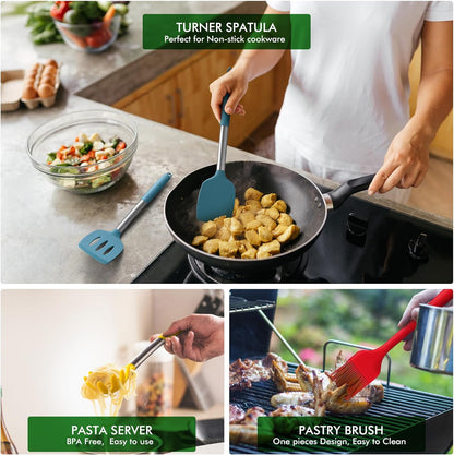 HOTEC 446°F Heat Resistant Silicone Kitchen Utensils, Cooking Utensil Set, Spatula Set, BPA Free, Kitchen Gadgets, With Stainless Steel Utensils Holder, Dishwasher Safe 14pcs Khaki