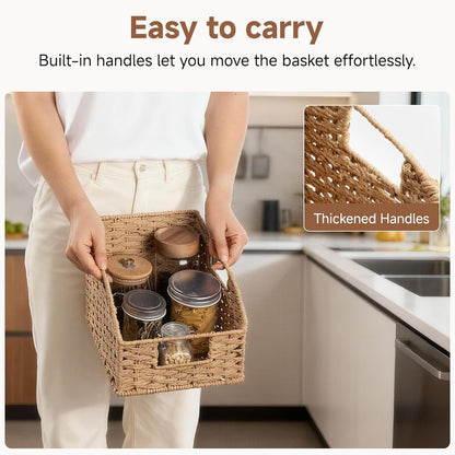 StorageWorks Water Hyacinth Pantry Storage Baskets, Wicker Baskets with Built-in Handles, Handwoven Shelf Baskets for Organizing, Pantry Organizers and Storage, 3 Pack
