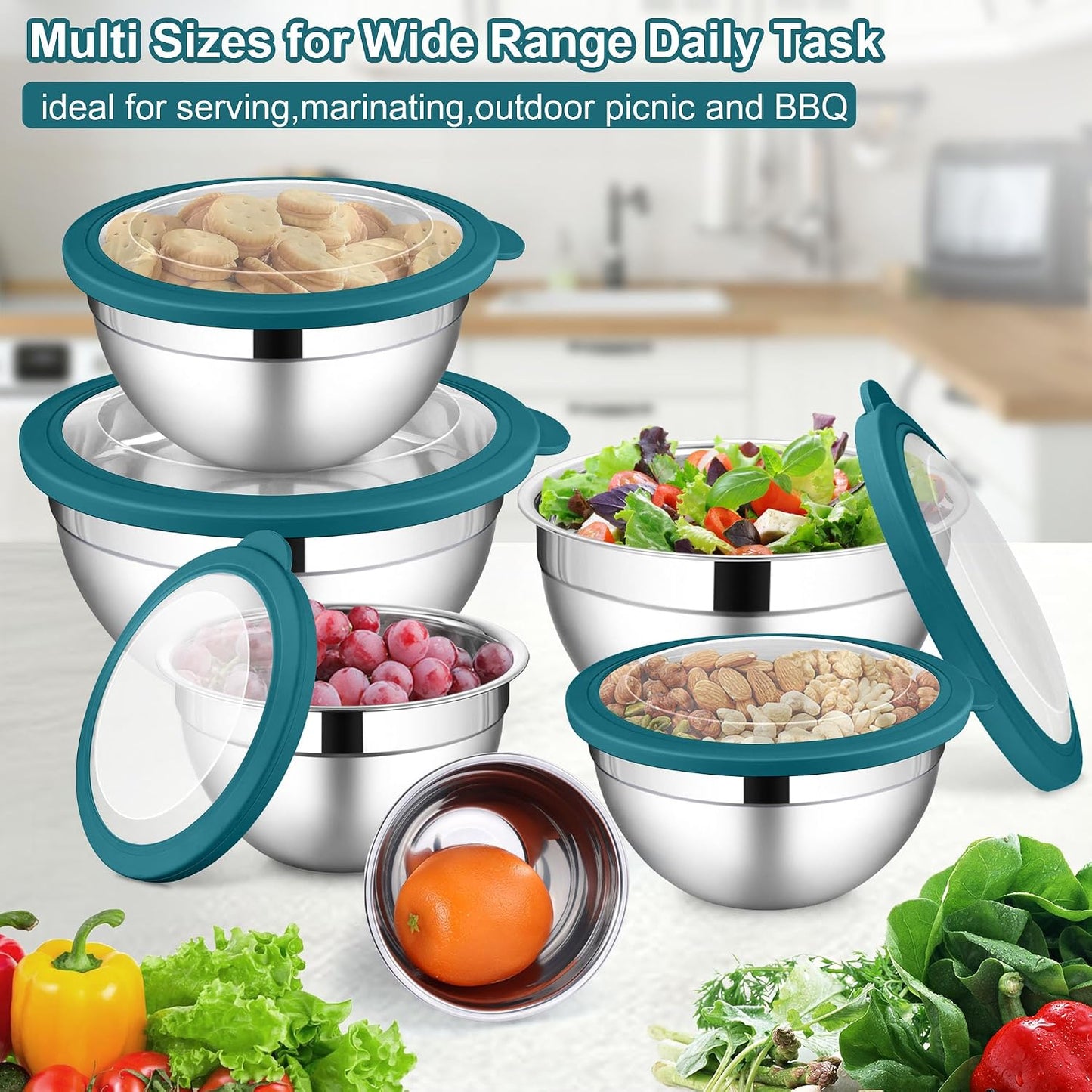 LIANYU Stainless Steel Mixing Bowls Sets of 6, Large 7, 3.5, 2.5, 2, 1.5, 1QT Size with Transparent Airtight Lids, Metal Nesting Serving Bowl Sets for Home Kitchen, Dishwasher & Freezer Safe, Black
