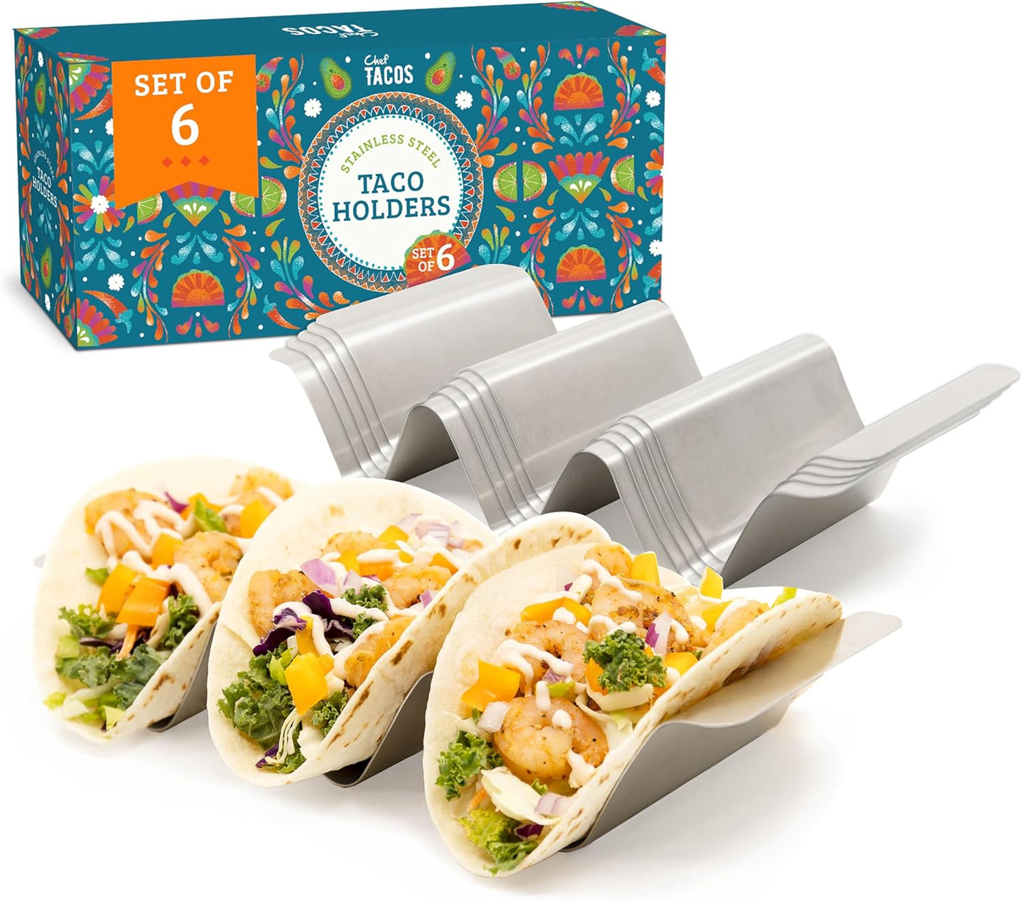 Stainless Steel Taco Holder, Taco Stands with Handles, Dishwasher and Grill Safe Taco Rack, Taco Serving Set, BPA-Free Metal Taco Shell Holders (Set of 6)