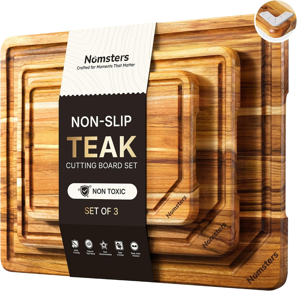 3 Pack Teak Wood Cutting Board Set with Holder Non Slip Over Sink Wooden Chopping Board for Fresh Meat Vegetable Thick Haus Perfect for Charcuterie Juice Groove Kitchen Accessories - FSC Certified