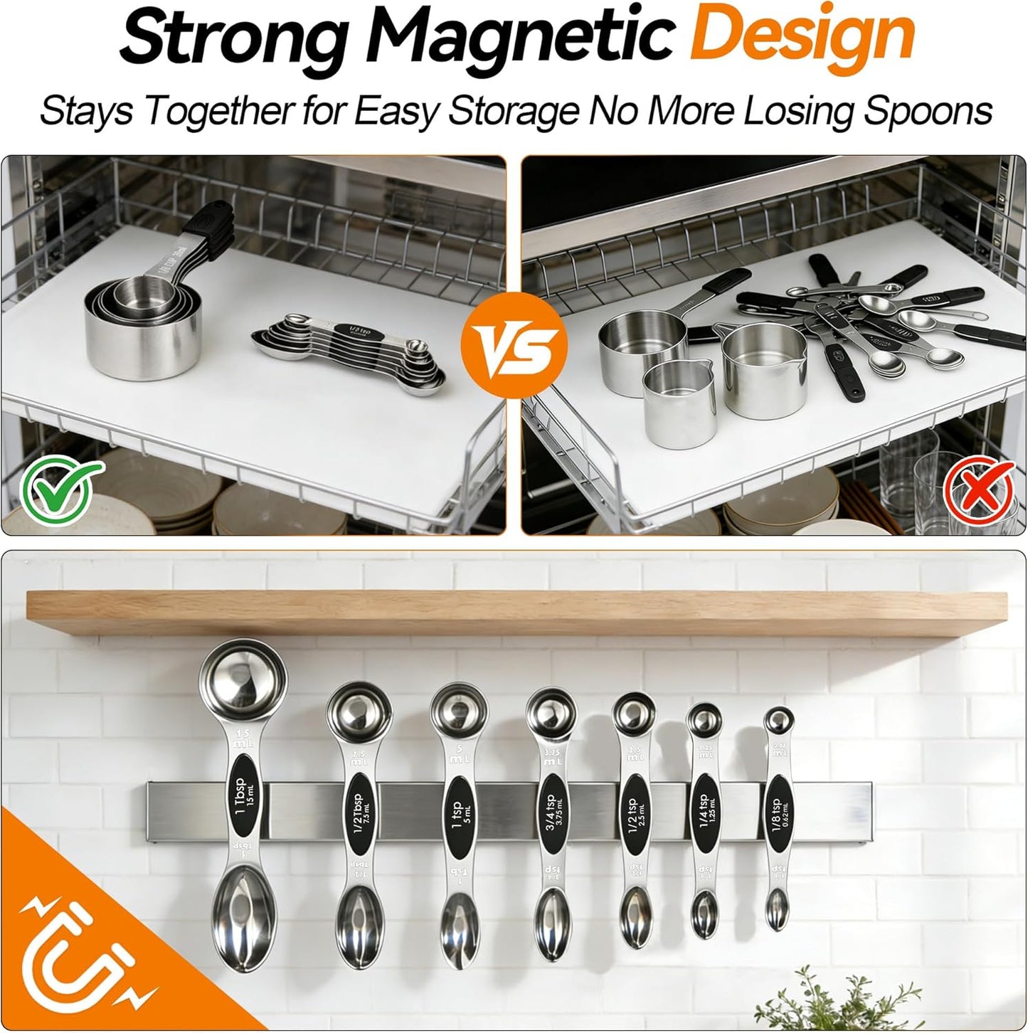 -BINGBING- Magnetic Measuring Cups and Spoons Set of 13, Stainless Steel | 5 Magnetic Cups and 8 Double-Sided Spoons with Leveler, Stackable, Kitchen Gadgets for Cooking and Baking