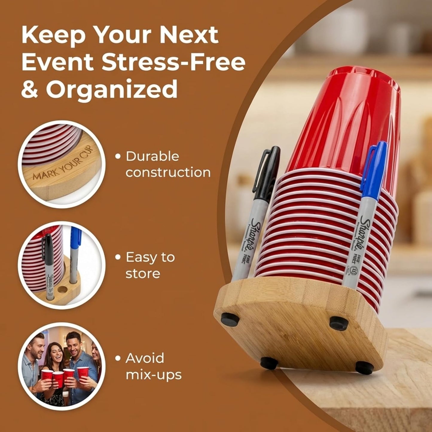Party Cup Holder for 3-4" Cups - Hosting Essential to Prevent Mix-Ups & Reduce Waste - Sturdy Drink Organizer with Rubber Feet for Birthdays, BBQs, & Holiday Gatherings (Cups & Markers Not Included)