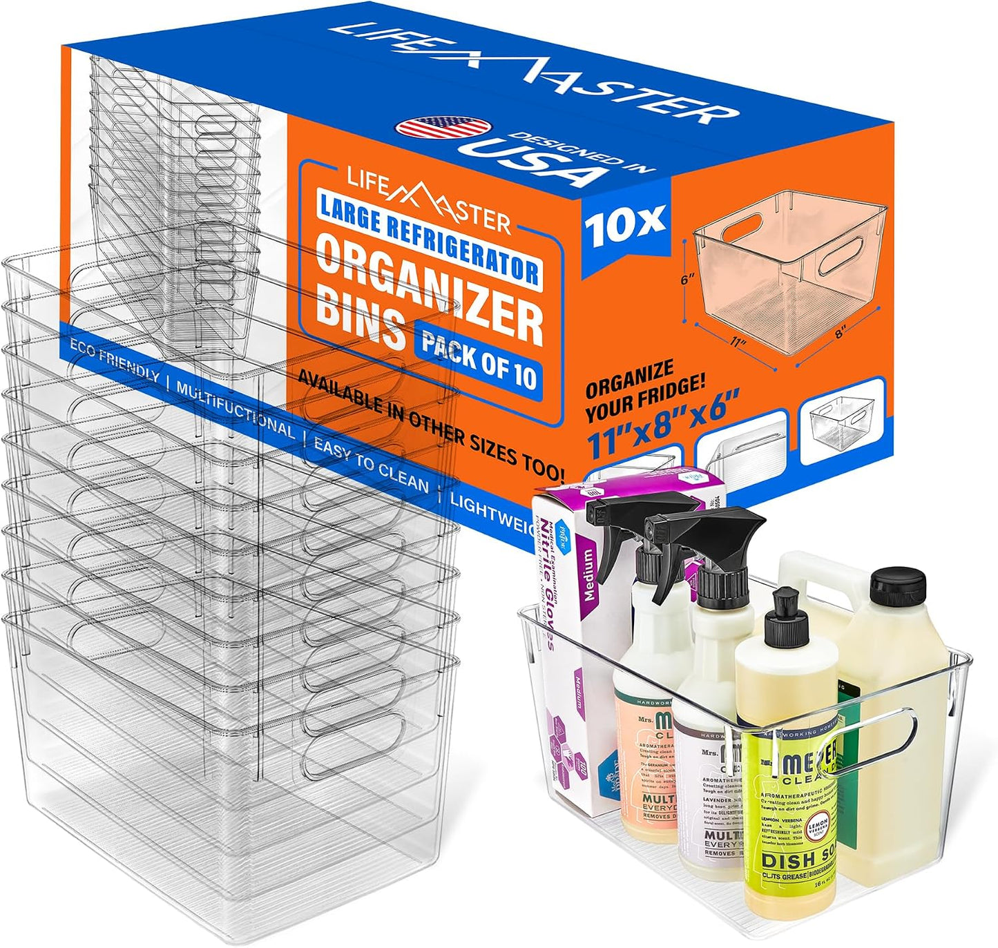 Lifemaster Stackable Refrigerator Bins - Set of 6 Large Capacity Organizers with Easy Grip Handles - Clear and Versatile for Kitchen Storage