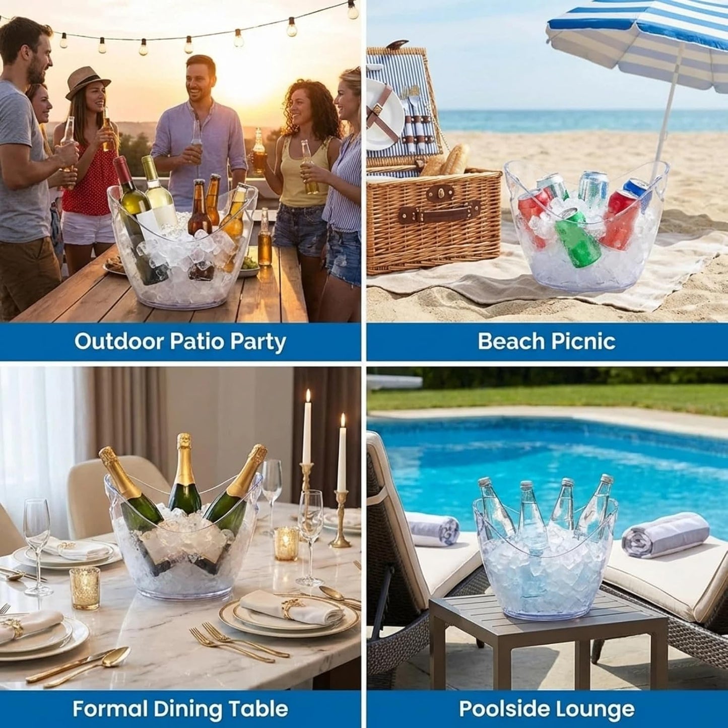 Cunhill 6 Pieces Plastic Clear Ice Bucket with Scoops Clear Acrylic Ice Tub Plastic Wine Bucket Party Beverage Chiller Bin Parties Tub for Wine Champagne or Beer (4 Liters)