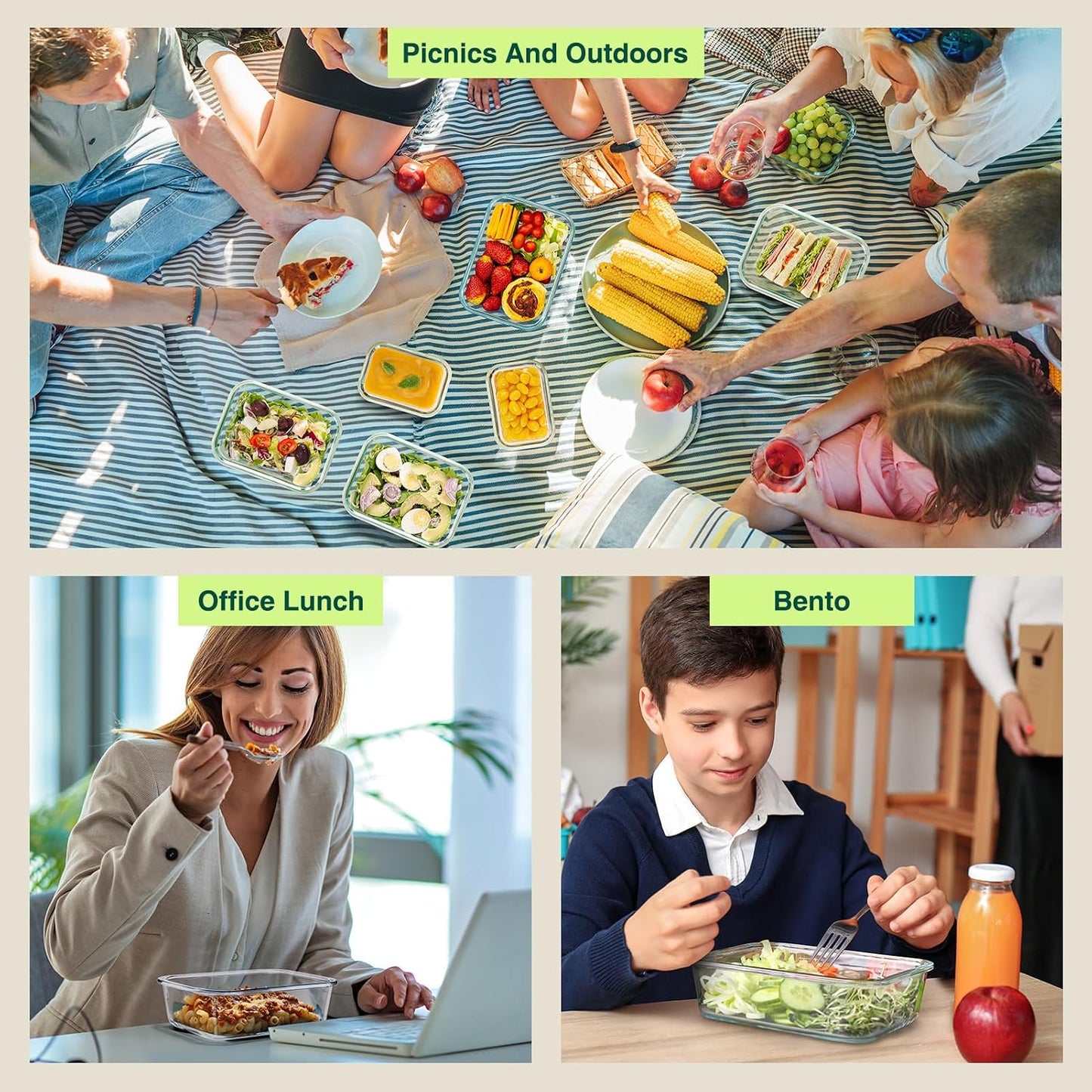 Glotoch glass meal prep containers food storage containers with lids, 5 pack of ultra-durable borosilicate, Leak-proof lunch boxes, Oven, microwave, freezer and dishwasher safe