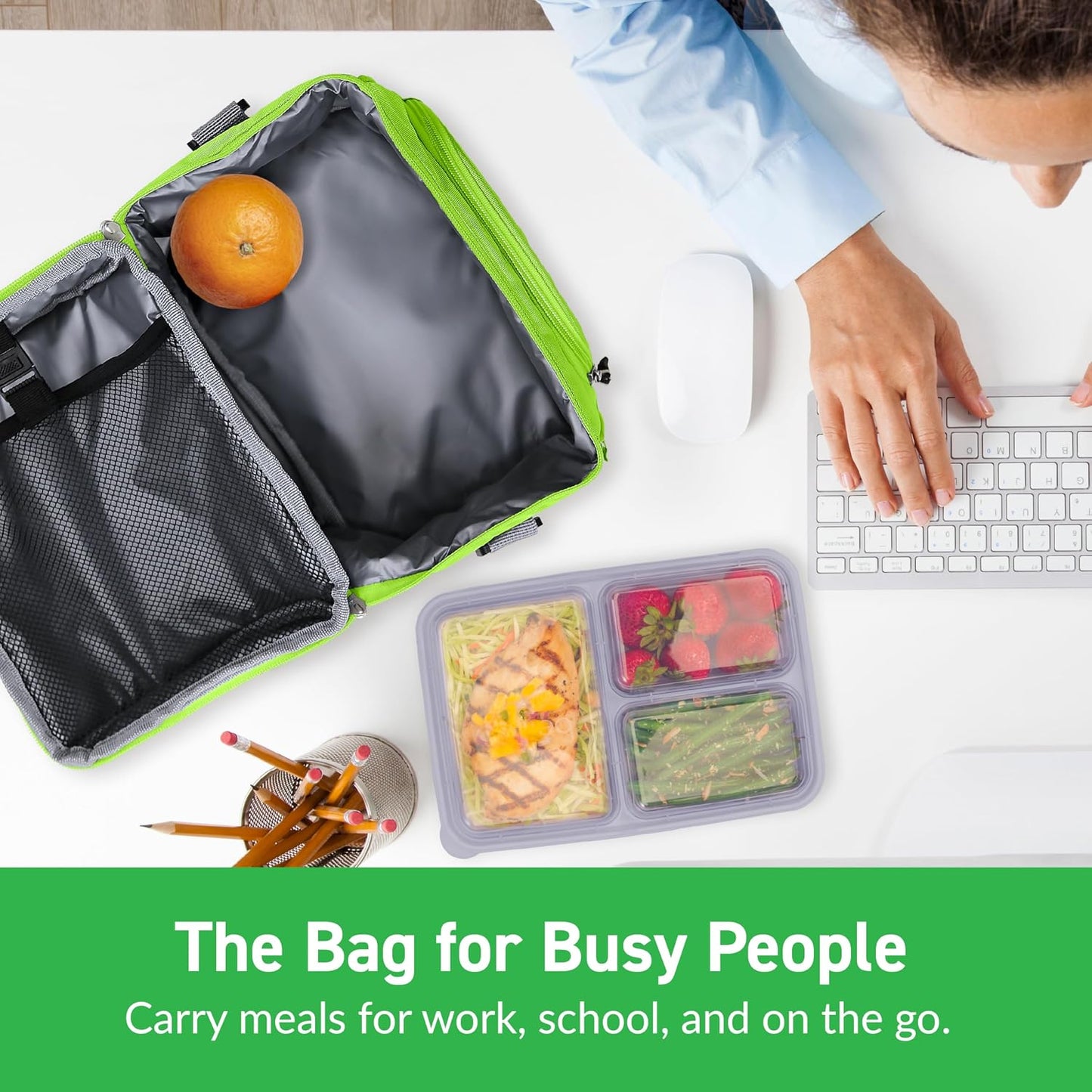 Bentgo Deluxe Lunch Bag - Durable and Insulated Lunch Tote with Zippered Outer Pocket, Internal Mesh Pocket, Padded & Adjustable Straps, & 2-Way Zippers - Fits Most Lunch Boxes (Green)