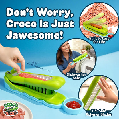 CrocoDicer: Fun Hot Dog Cutter That Lets Kids Cut Their Own Hot Dogs Safely. One Press = 24 Bites. Even Picky Eaters Will Love Dinner Time. 100% Kid and Crocodile Safe (Not Approved by Alligators).