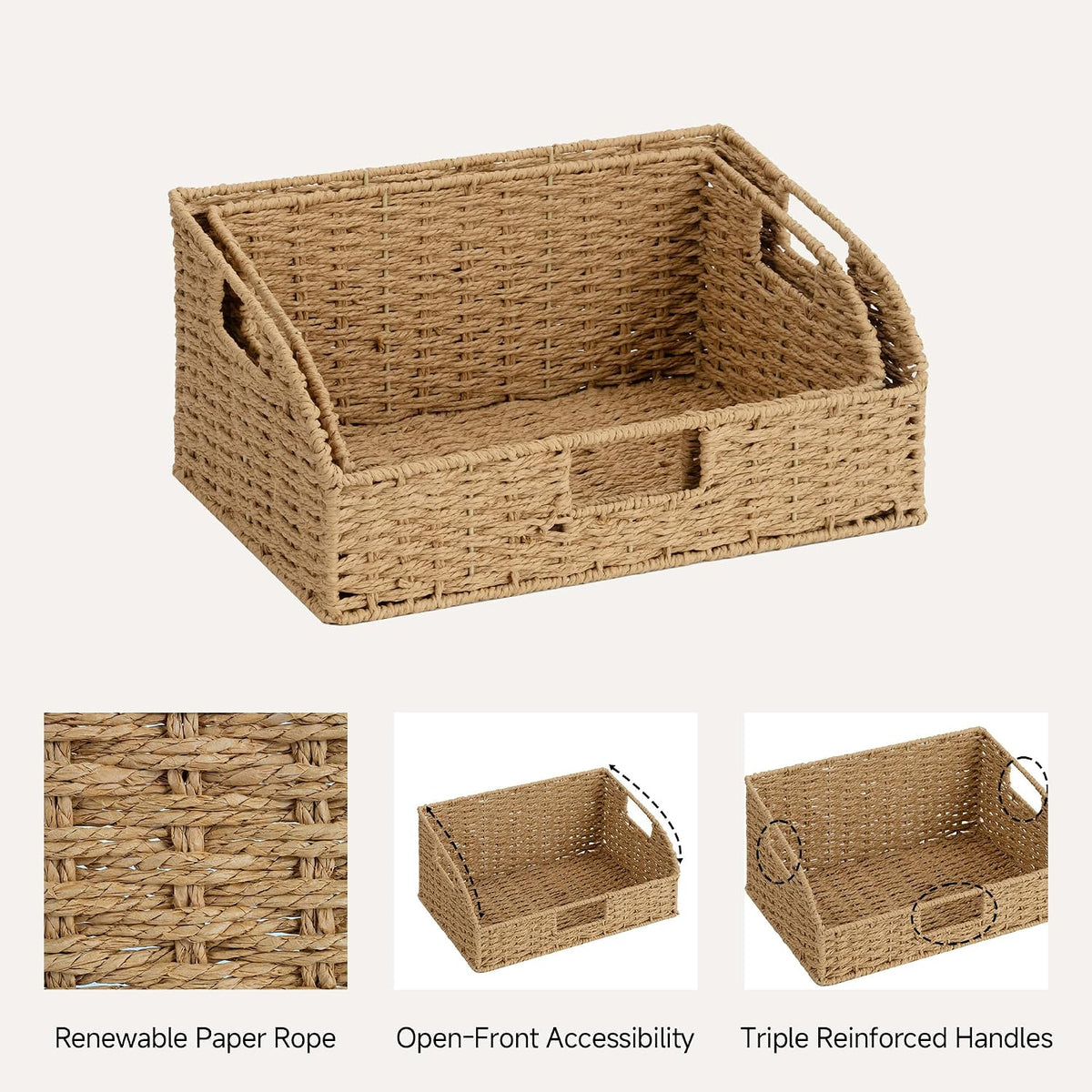StorageWorks Water Hyacinth Pantry Storage Baskets, Wicker Baskets with Built-in Handles, Handwoven Shelf Baskets for Organizing, Pantry Organizers and Storage, 3 Pack