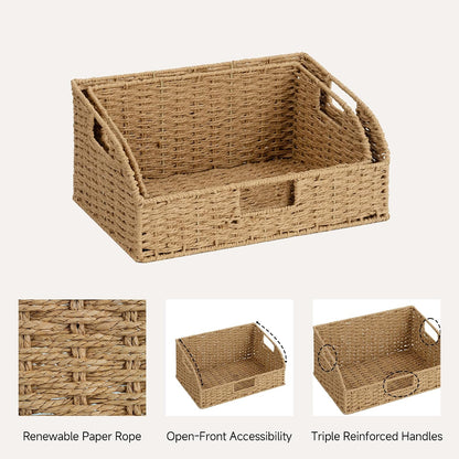 StorageWorks Water Hyacinth Pantry Storage Baskets, Wicker Baskets with Built-in Handles, Handwoven Shelf Baskets for Organizing, Pantry Organizers and Storage, 3 Pack