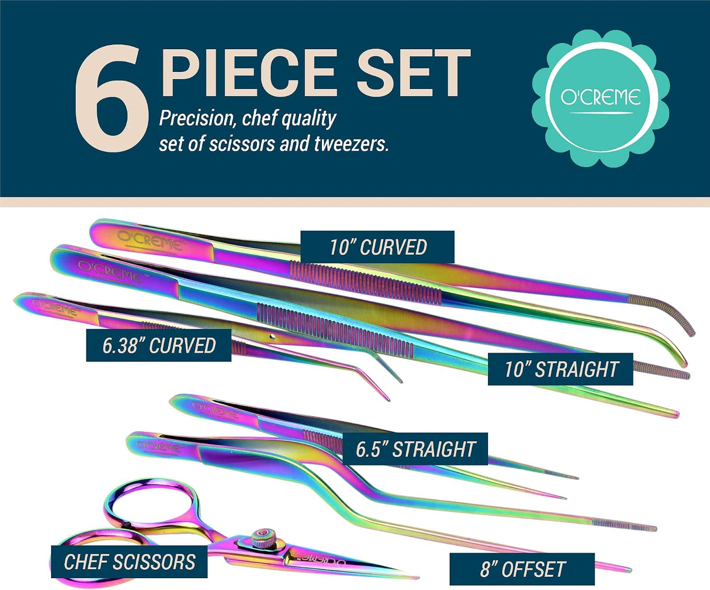 O'Creme Set of Culinary Tweezer Tongs Offset, Straight and Curved, Plus Super Sharp Chef Scissors, Total 6 Pieces (Rose Gold)