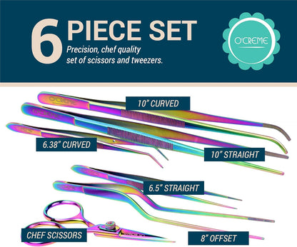 O'Creme Set of Culinary Tweezer Tongs Offset, Straight and Curved, Plus Super Sharp Chef Scissors, Total 6 Pieces (Rose Gold)