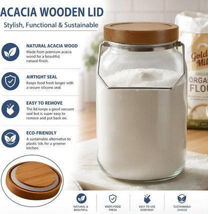 2 Pack Glass Flour Sugar Storage Containers with Handle, 1 Gallon Glass Jars with Airtight Lid, Wide Mouth Large Mason Jars 128oz for Rice, Pasta, Oats, Coffee Storage