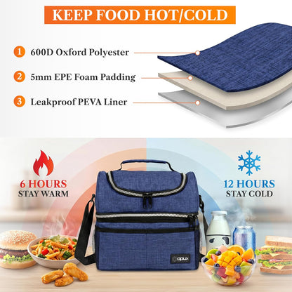opux Insulated Lunch Bag for Men Women, Double Decker Leakproof Lunch Box Cooler Tote with Shoulder Strap, Large Lunchbox for Work School Travel Meal Prep, Adults Kids Boys Girls, Green, 16 Cans