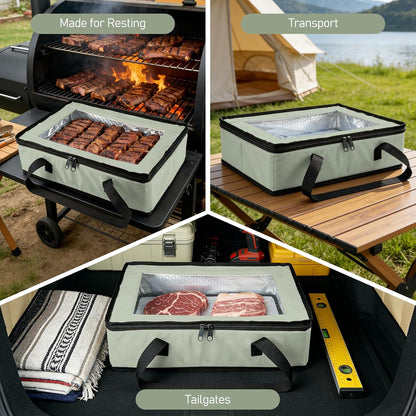 BANGIE BBQ Meat Resting Blanket & 9x13 Foil Pan Carrier - Leakproof Insulated Casserole Transport Bag with Visual Window, Rigid Hard Bottom - Birthday Father's Day Grilling Gifts for Men, Dad,Green