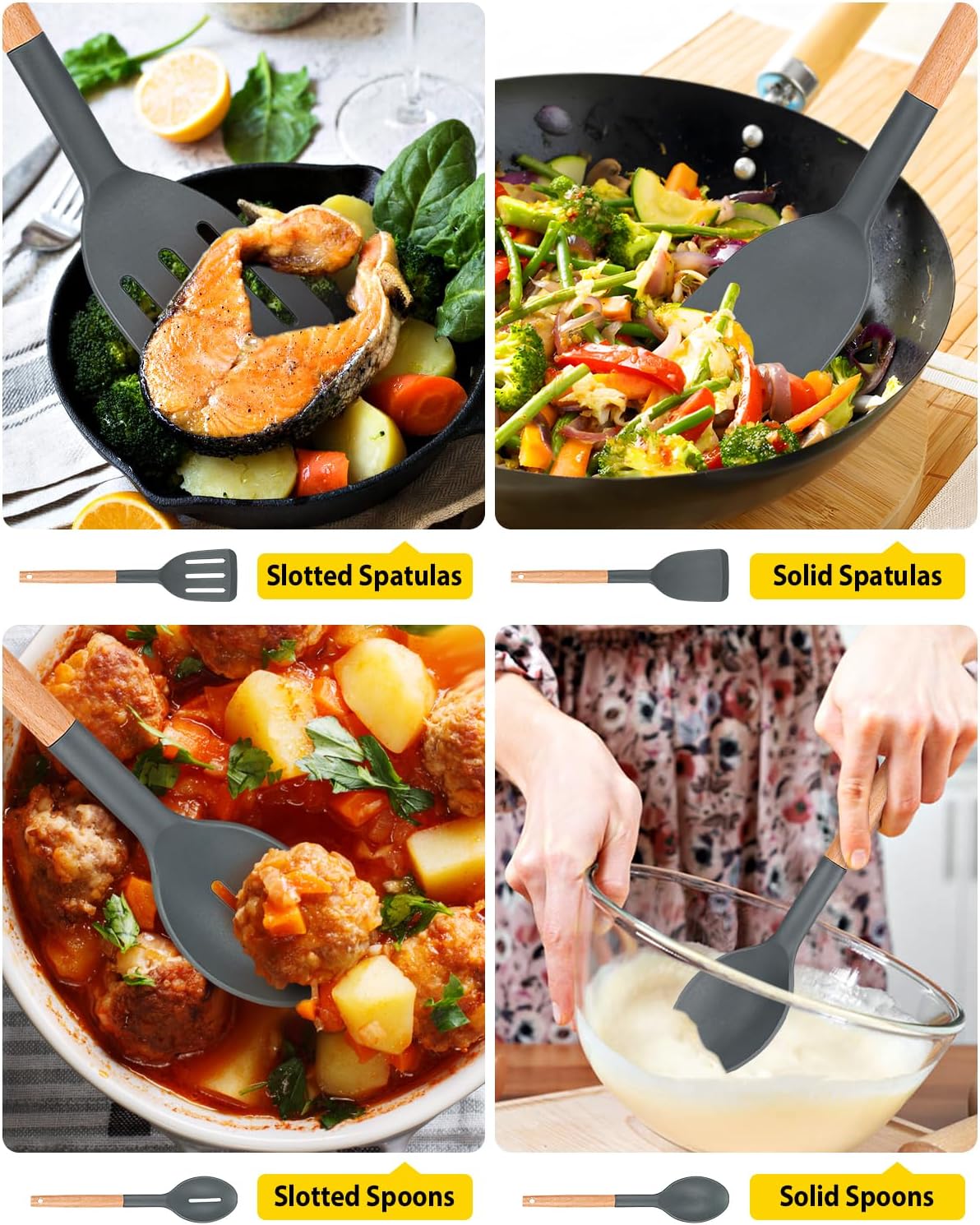 Pack of 4 Silicone Cooking Utensils Set, Non Stick Solid Spatulas and Heat Resistant Slotted Spoons with Wooden Handle, Ideal Wood Kitchen Utensils Set for Frying,Serving,Turning,Stirring (KHAKI)