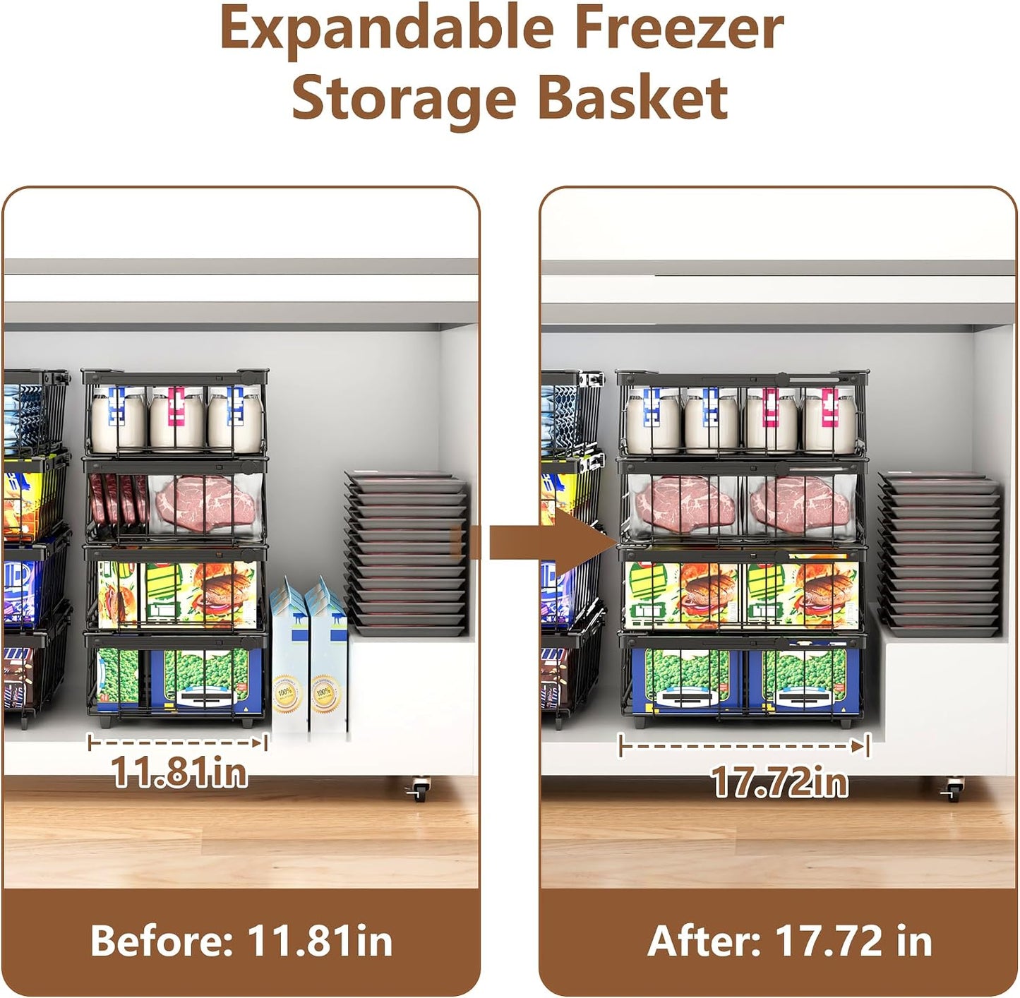 Freezer Organizer Bins 6 Pack: Wire Basket Stackable Storage Containers Expandable 11.81" to 17.72" with Foldable Handles for 5+ Cu.FT Fridge Cabinet Shelves Pantry Kitchen White