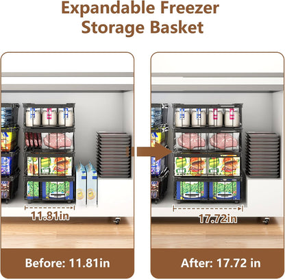 Freezer Organizer Bins 6 Pack: Wire Basket Stackable Storage Containers Expandable 11.81" to 17.72" with Foldable Handles for 5+ Cu.FT Fridge Cabinet Shelves Pantry Kitchen White