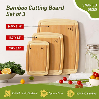 3 Packs Bamboo Cutting Board Set with Non Slip Feet and Over Sink Nice Solid Thick Wood Juice Groove Chopping Board Extra Large Big Small Best Hardwood Kitchen Counter Organic Vegetable