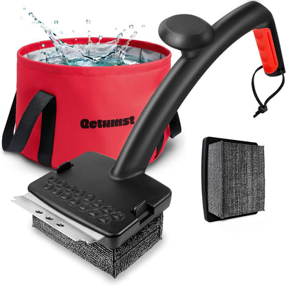 Qetumst Grill Brush Bristle Free with Collapsible Bucket, Steam BBQ Cleaning Kit & 3 in 1 Scraper, Extra Replaceable Head, Safe Outdoor Accessories for Cast Iron, Porcelain Grates