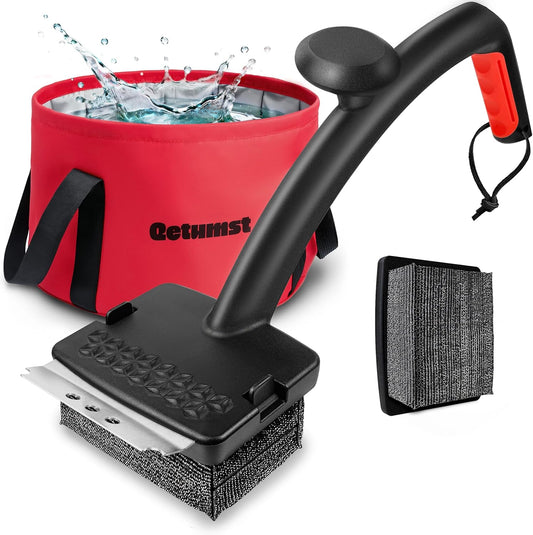 Qetumst Grill Brush Bristle Free with Collapsible Bucket, Steam BBQ Cleaning Kit & 3 in 1 Scraper, Extra Replaceable Head, Safe Outdoor Accessories for Cast Iron, Porcelain Grates