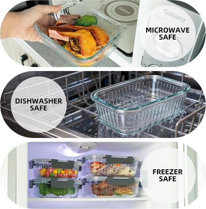 Meal Prep Containers Glass 10 Pack - Striped Food Storage Containers with Lids Airtight, 2 Sizes, Microwave Dishwasher Freezer Safe, Clear