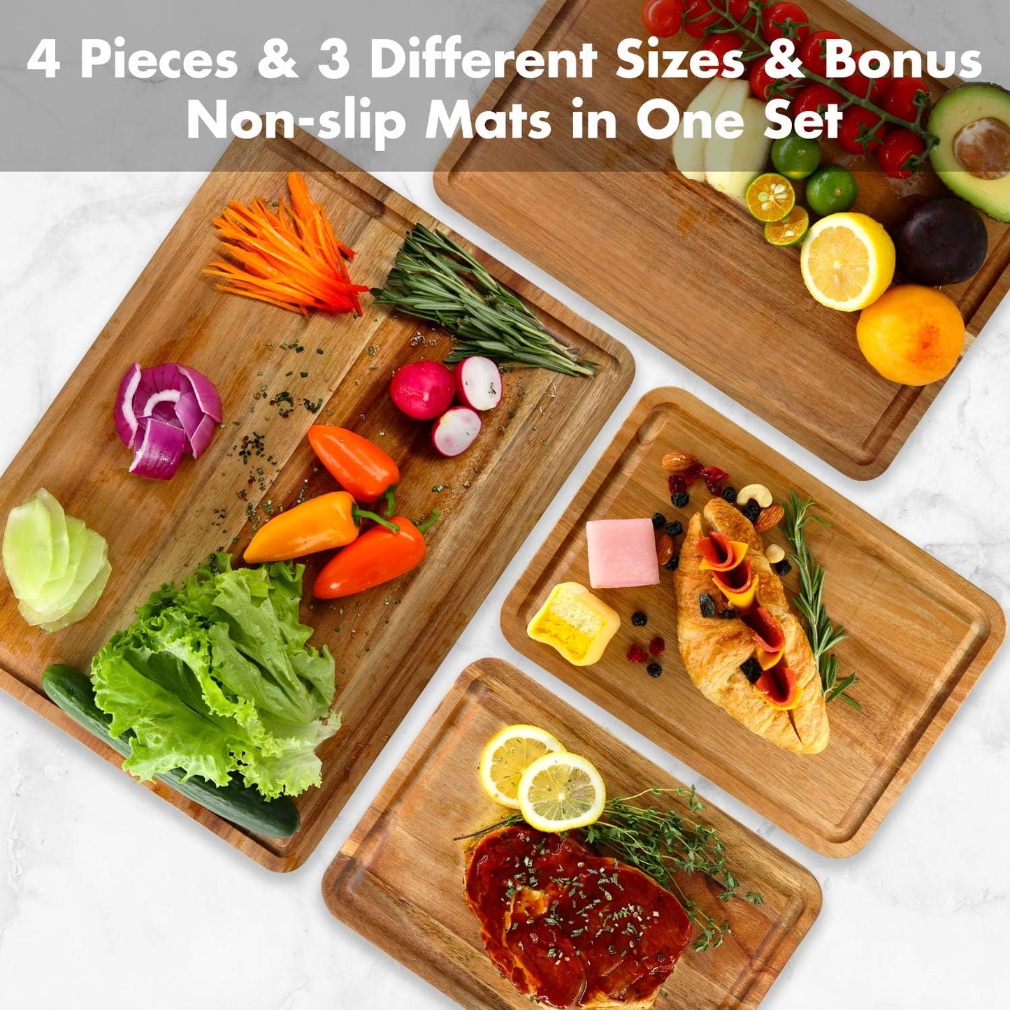 AZRHOM Large Wood Cutting Boards Set of 4 for Kitchen Cheese Charcuterie Board (Gift Box Included) Acacia Butcher Block with Non-slip Mats, Juice Groove and Handles (16x12, 14x10, double 11x8 inch)-4