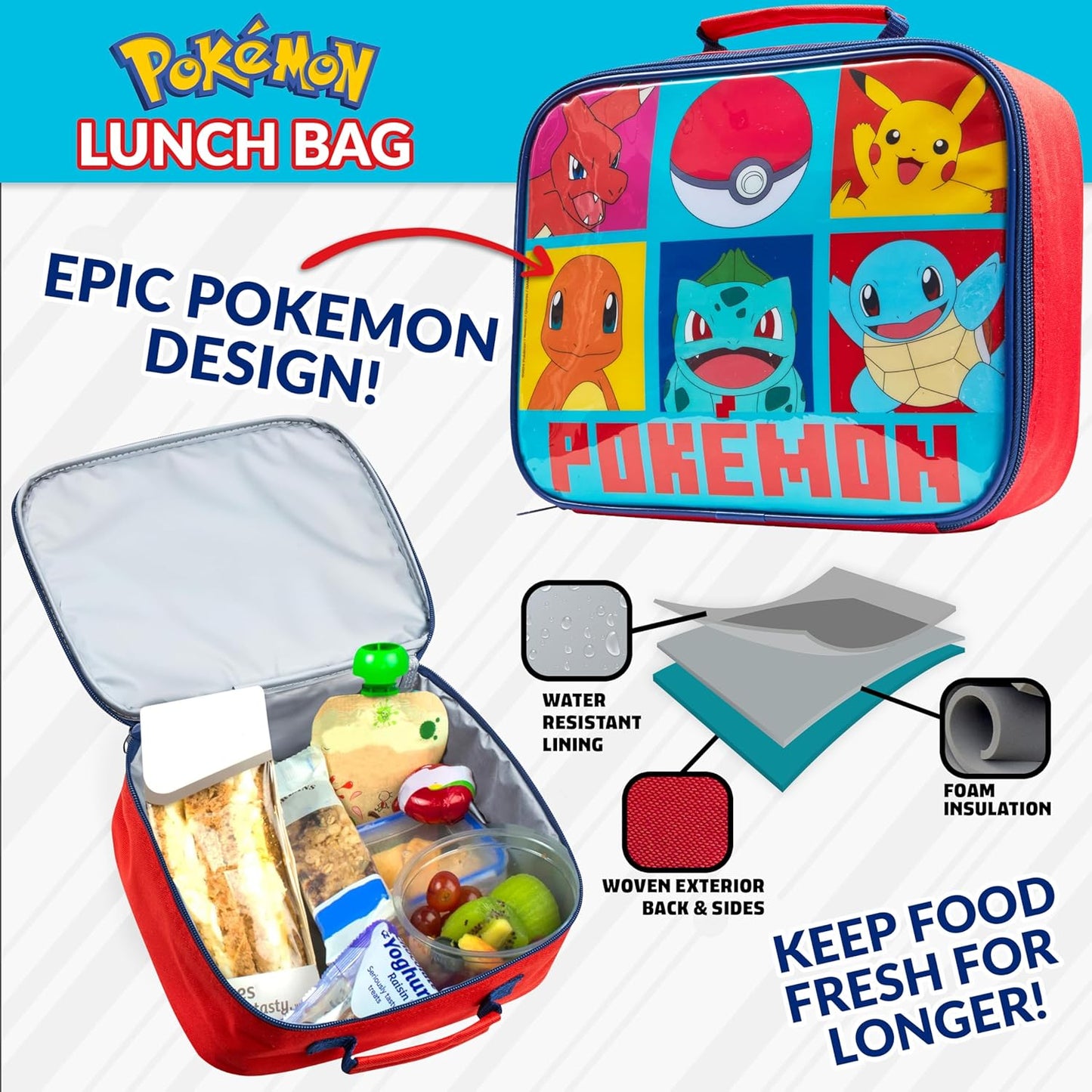 Pokemon Insulated Lunch Bag with Lunch Box Water Bottle Set for Kids 3 Piece School Snack Bag Pikachu Gifts for Kids (Yellow)