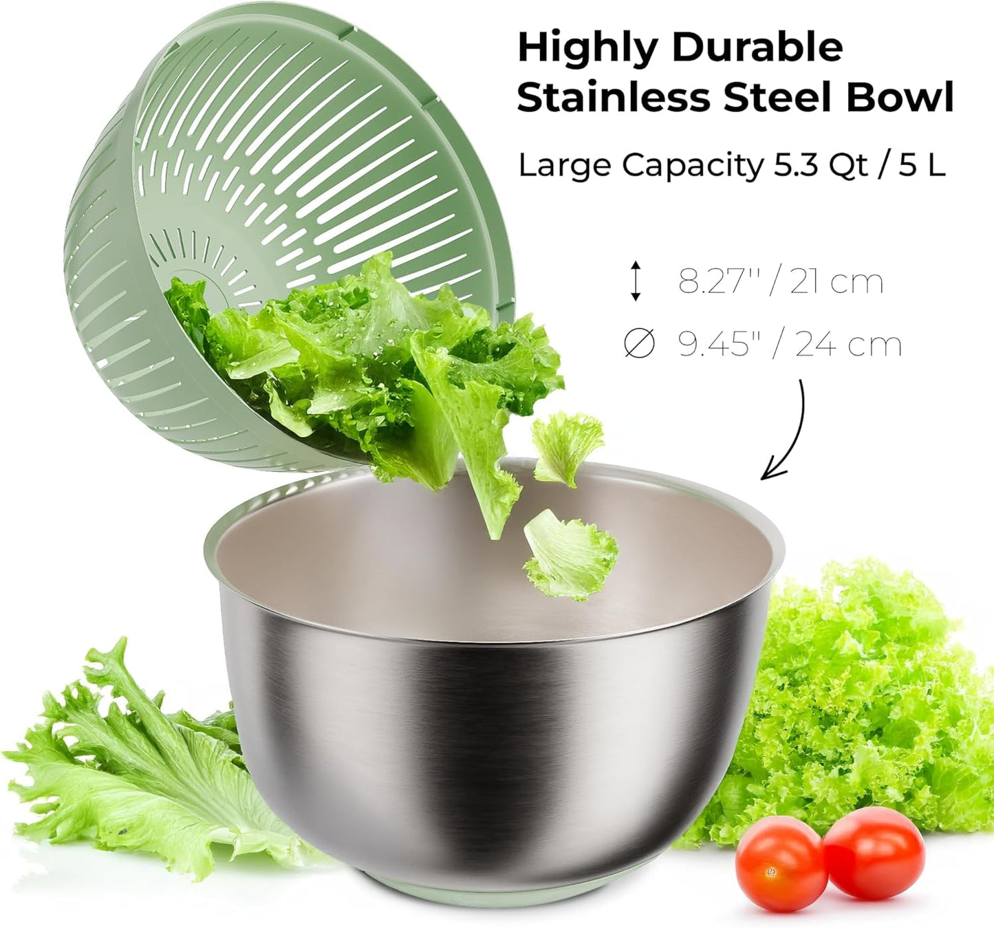 Large Stainless Steel Salad Spinner 5.3QT, Lettuce Dryer, Vegetable Washer with Brake Button, Non-Slip Base, Salad Dryer for Greens, Fruits & Vegetables