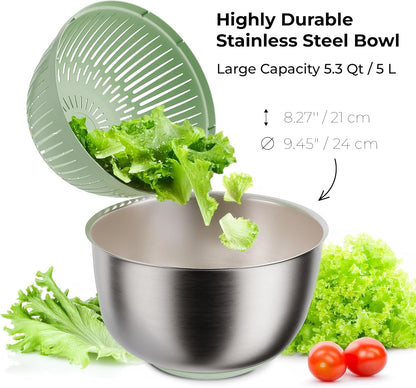 Large Stainless Steel Salad Spinner 5.3QT, Lettuce Dryer, Vegetable Washer with Brake Button, Non-Slip Base, Salad Dryer for Greens, Fruits & Vegetables