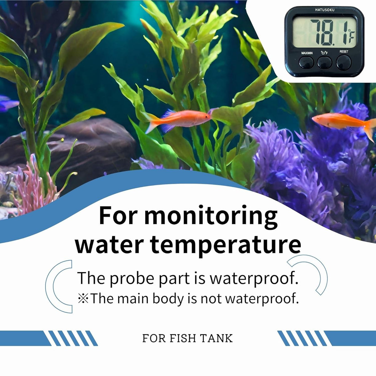 HATUSOKU Digital Thermometer with External Sensor, Magnet, Suction Cup, Water Thermometer, Aquarium, Refrigerator, Freezer (Black)