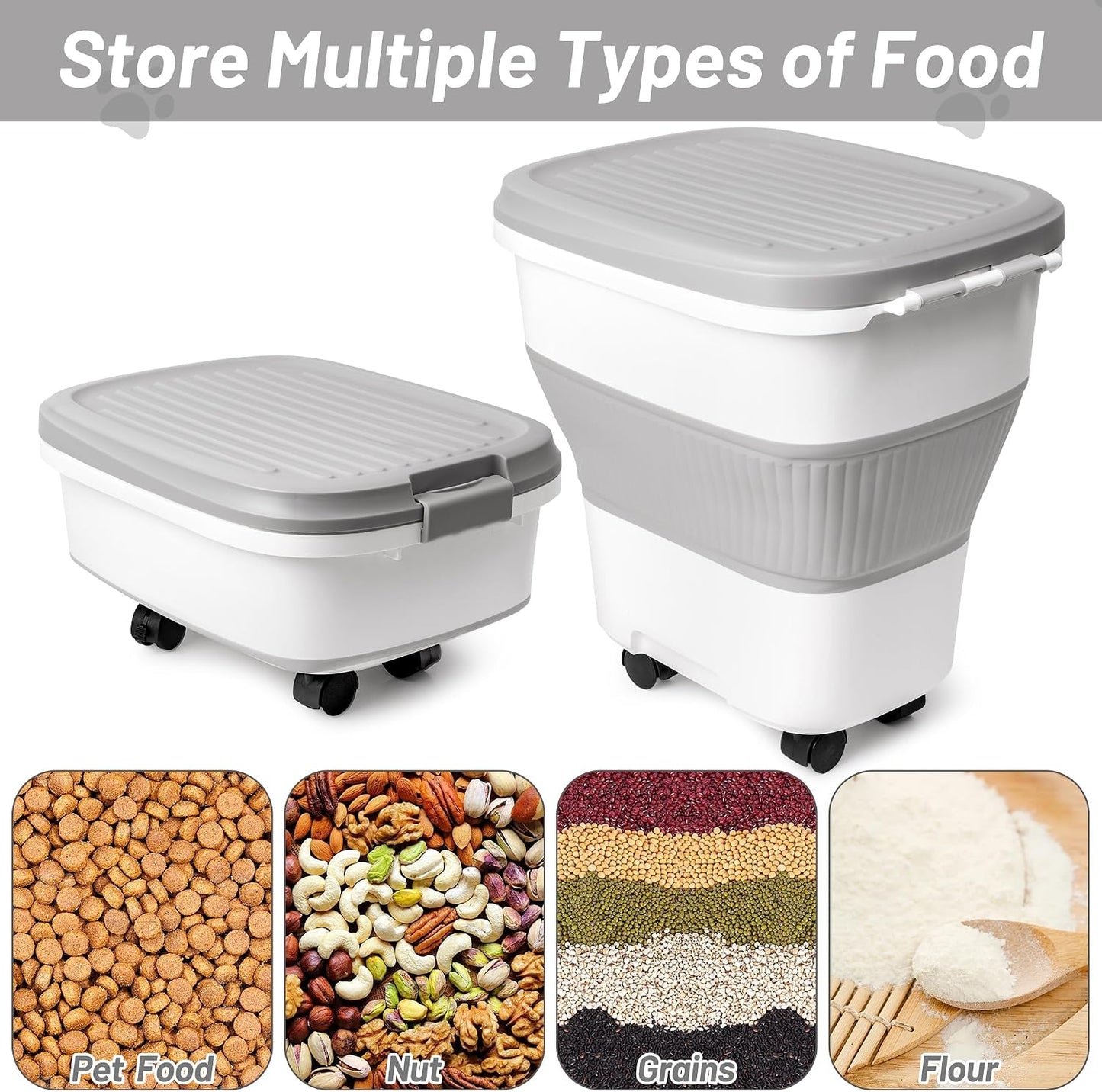 MALLMALL6 Dog Food Storage Container - Collapsible Pet Food Container with Spinner Wheels Scoop and Deodorant Box, Airtight Multifunctional 30L Storage Bin for Dog Cat Bird Animal Dry Meal Rice Flour