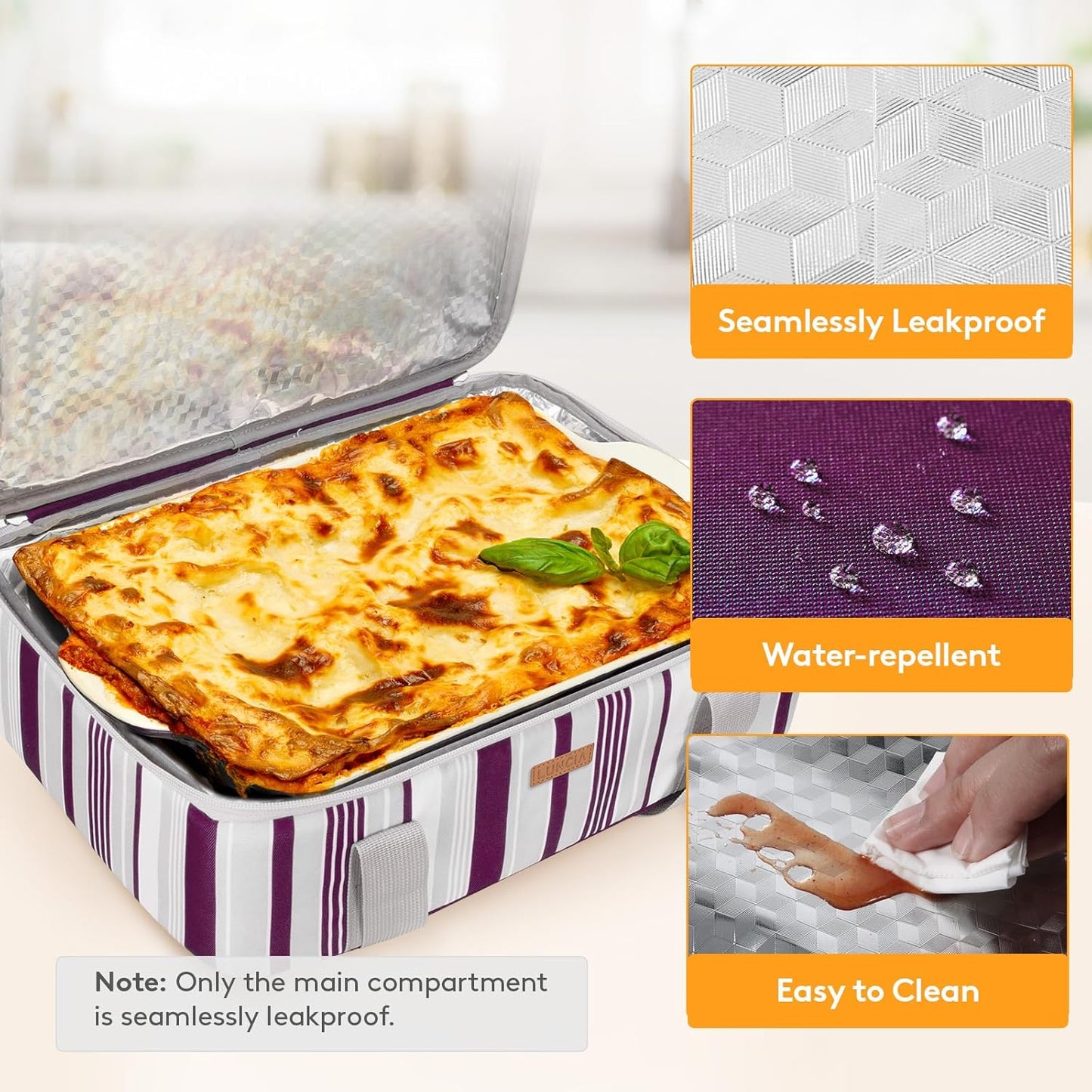 LUNCIA Insulated Single Decker Casserole Carrier, Lasagna Lugger Tote Keeps Food Hot or Cold, Thermal Lunch Bag for Potluck Parties, Picnic and Cookouts, Fits 9" x 13" Baking Dish, Black