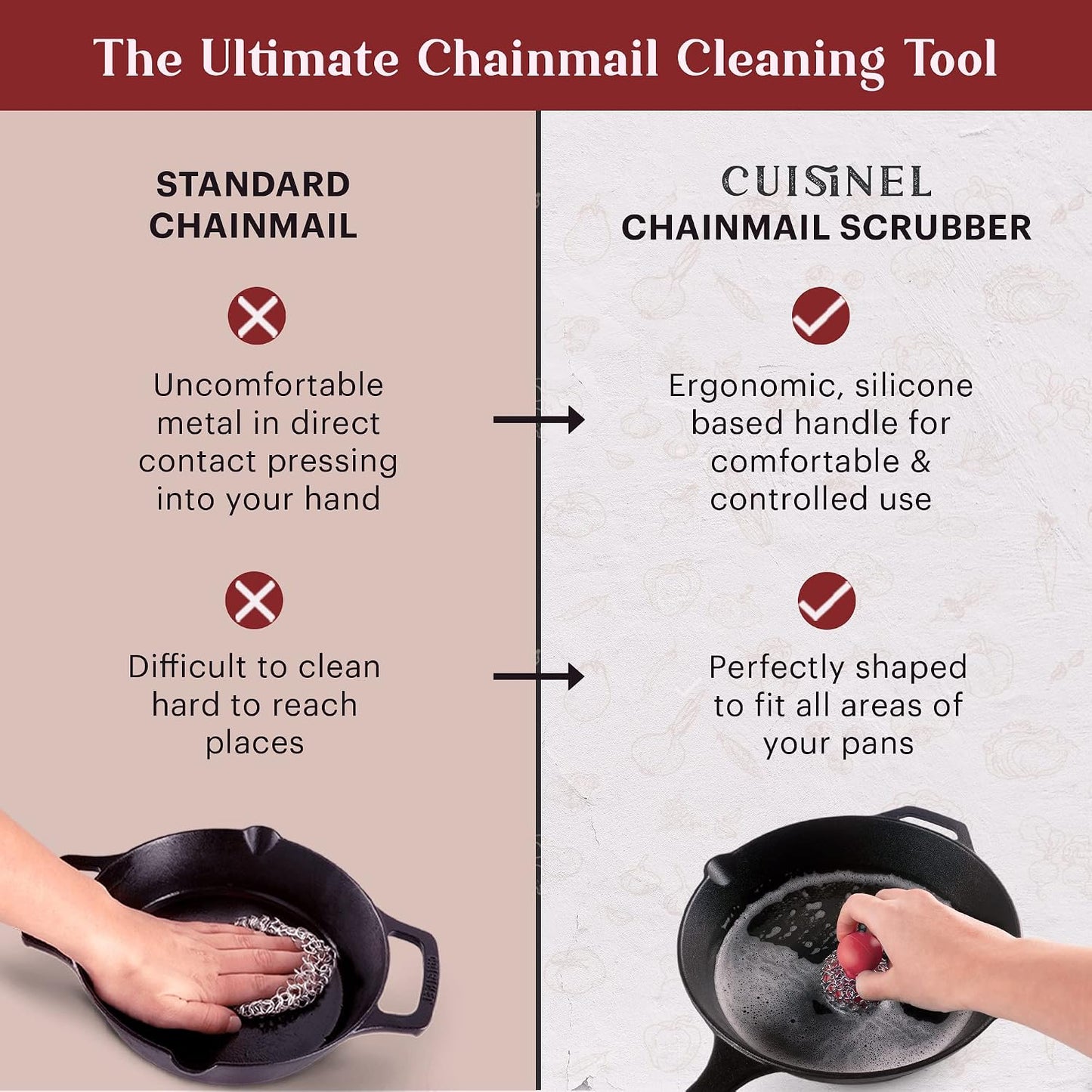 Cuisinel Cast Iron Scrubber Cleaning Brush + Pan/Grill Scraper - Skillet and Grill Cleaner Kit - Soft-Touch Confident-Grip Dish Scrub Tool - Tough on Grease, Gentle on Metal and Non-Stick Cookware
