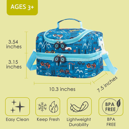 Insulated Kids Dual Compartment Lunch Bags Tote Pack for Girls Boys Toddler Kindergarten School Picnic Cooler Thermal Lunch Boxes with Strap (Green Rainbow)