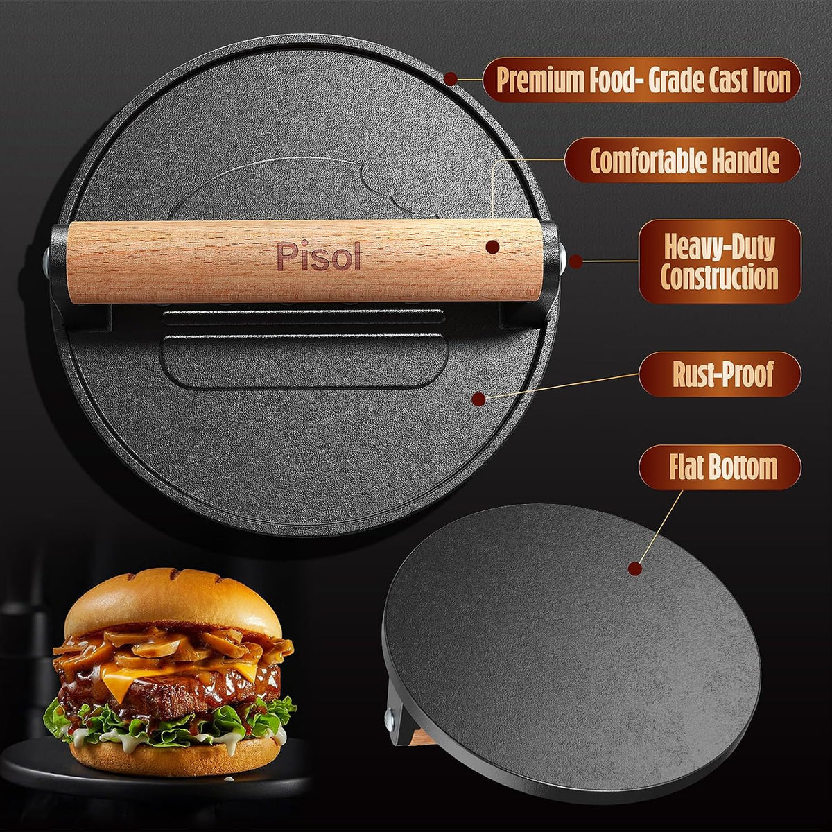 Pisol Cast Iron Smash Burger Press, Steak Weight Bacon Meat Press Tool