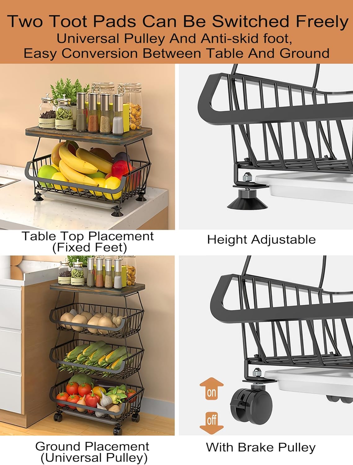 MURRI&MURRDI Fruit Vegetable Storage Basket with Wooden Lid, 6 Tier Stackable Wire Kitchen Cart with Wheels, Tall Produce Snack Racks Display, Narrow Rolling Cart for Pantry Onion Potato, Black