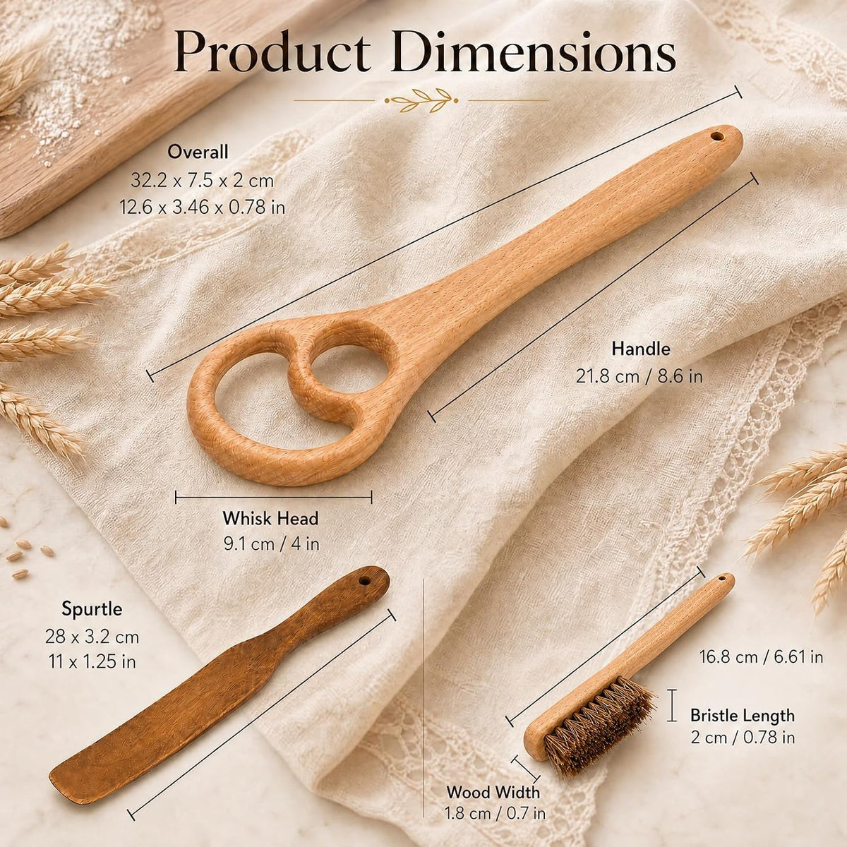 Wooden Danish Dough Whisk, Long Handle Teak Spurtle 3 Pack