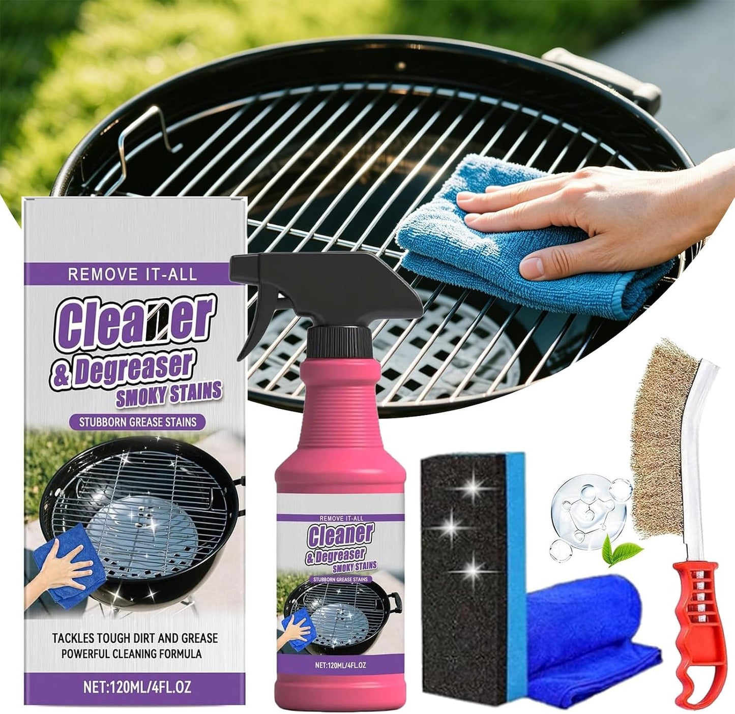 Fast-Acting Heavy-Duty Grill Degreaser Spray, Heavy Duty BBQ Grill Degreaser Cleaner, 120ml BBQ Degreaser for Outdoor Grills & Smokers, Removes Burnt Grease (1PC)