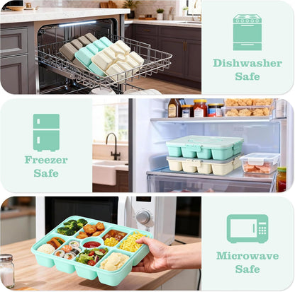 Snackle Box Container, Divided Serving Tray with Lid and Handle, 9 Compartments Snack Box Container for Adults, Portable Charcuterie Serving Platter for Candy Fruit, 9.9 Cups, White Grey