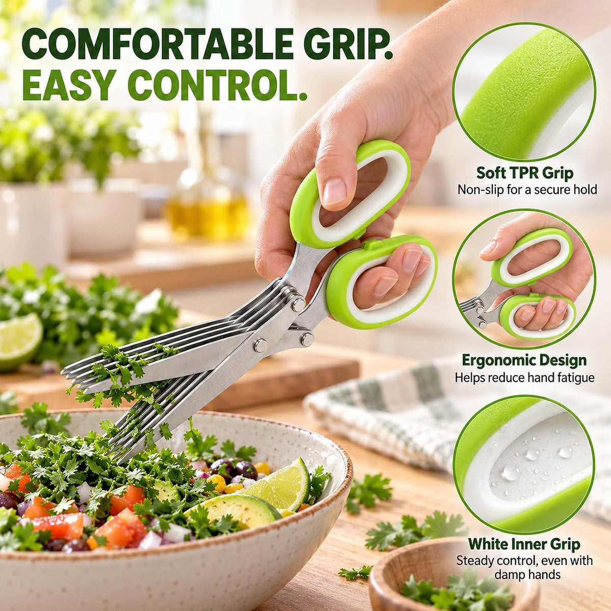 5-Blade Stainless Steel Herb Scissors, Herb Cutter with Cleaning Comb