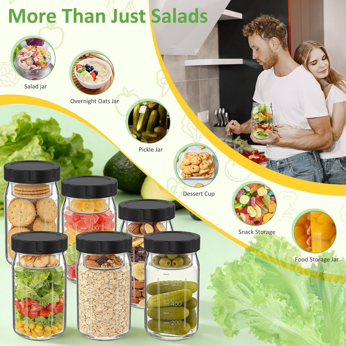 4Pack Glass Salad Jars with Lids, 32oz Salads Mason Jars with Wet/Dry Separation Cup, Meal Prep Salad Containers for Lunch, Leakproof Wide Mouth Food Storage Containers, BPA-Free Reusable (Black)
