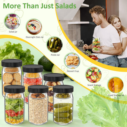 4Pack Glass Salad Jars with Lids, 32oz Salads Mason Jars with Wet/Dry Separation Cup, Meal Prep Salad Containers for Lunch, Leakproof Wide Mouth Food Storage Containers, BPA-Free Reusable (Black)